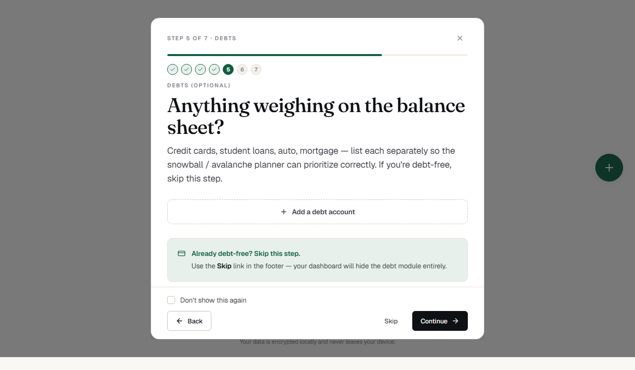 Onboarding step 5: Debts