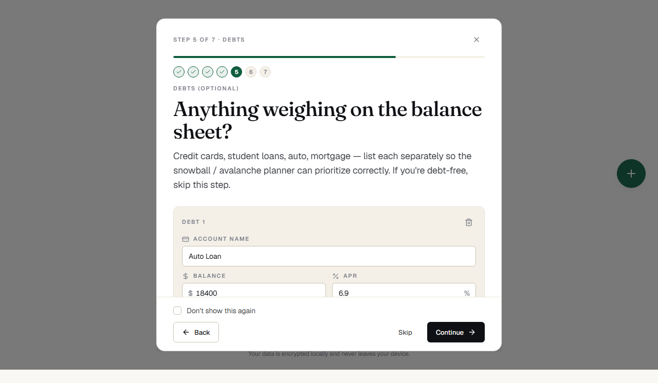 Onboarding step 6: Debts, entered